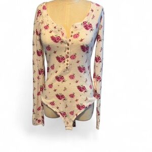 Free People Pink Floral Button Bodysuit